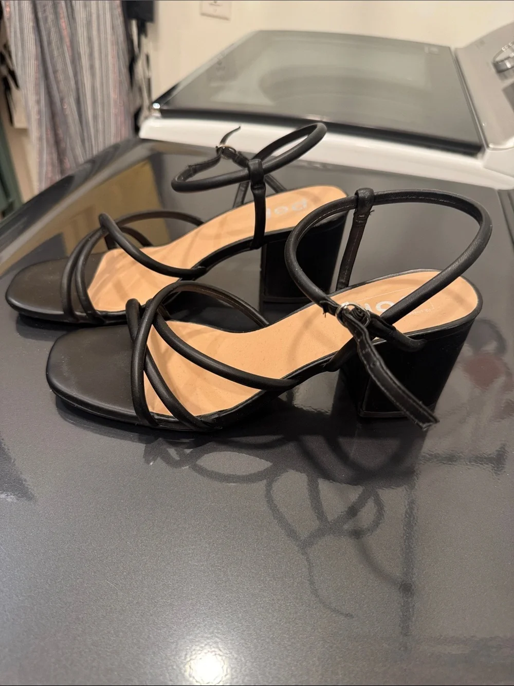 POP Agreeable Black Strappy Square Toe Block Heel Sandals in 10M